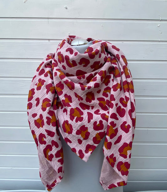 Musselintuch mit Leoprint Altrosa