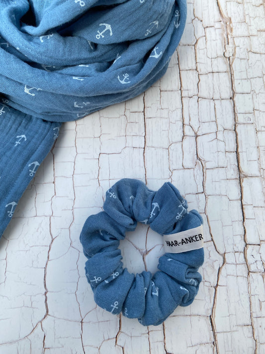 Scrunchie Musselin mit Ankerprint hellblau